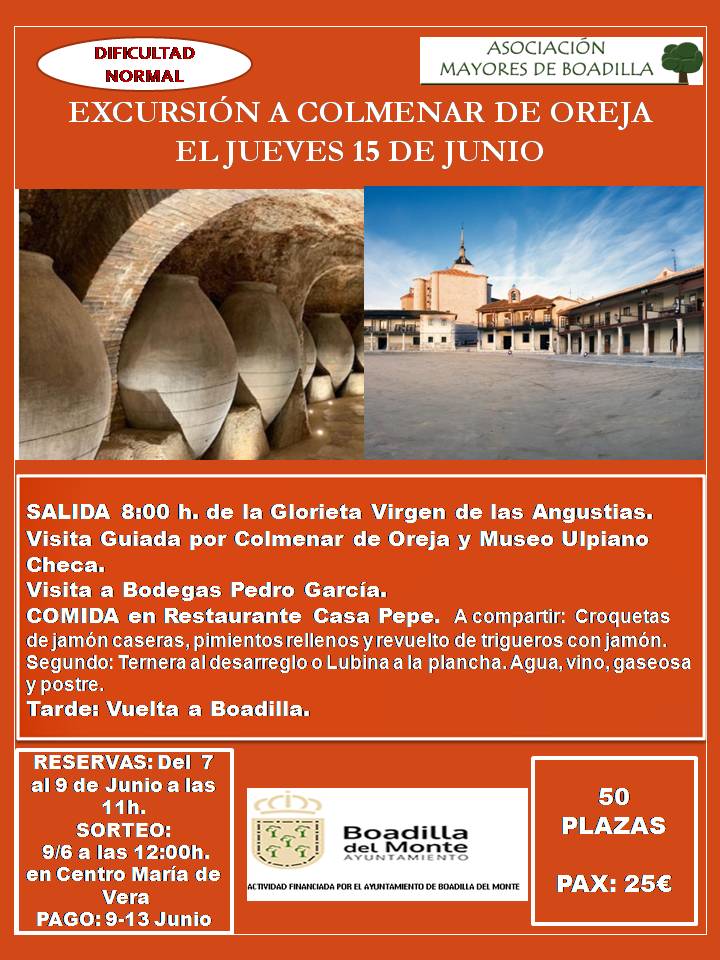 EXC. COLMENAR DE OREJA, 15 JUNIO A LAS 8:00 h